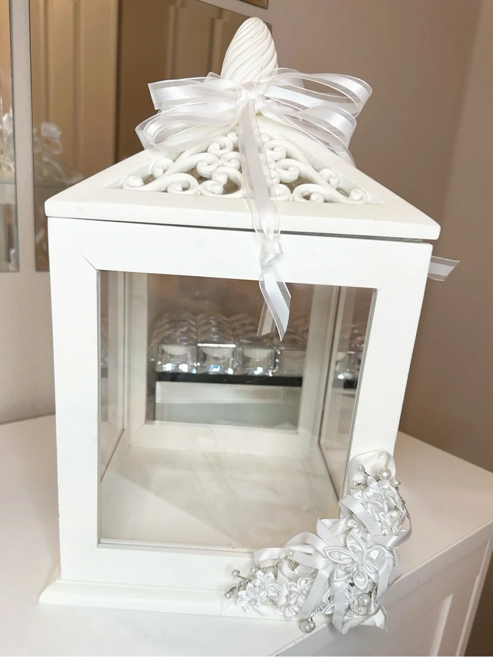 Wedding Card Reception Box- Off White with Ribbon and Pearl Accents